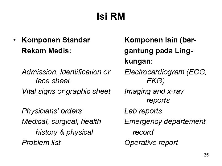 Isi RM • Komponen Standar Rekam Medis: Admission. Identification or face sheet Vital signs