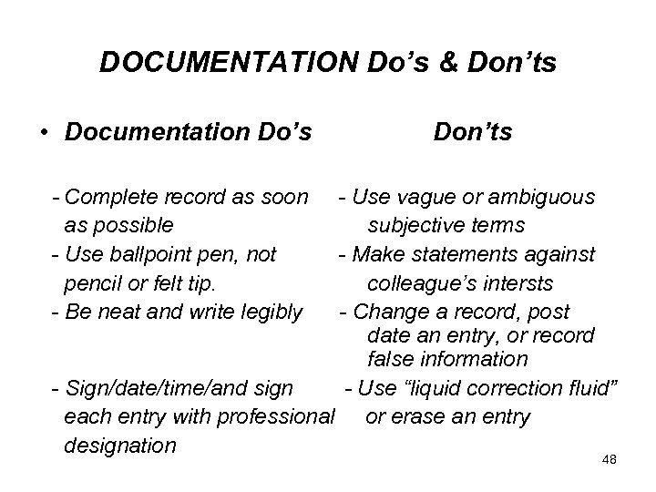 DOCUMENTATION Do’s & Don’ts • Documentation Do’s - Complete record as soon as possible