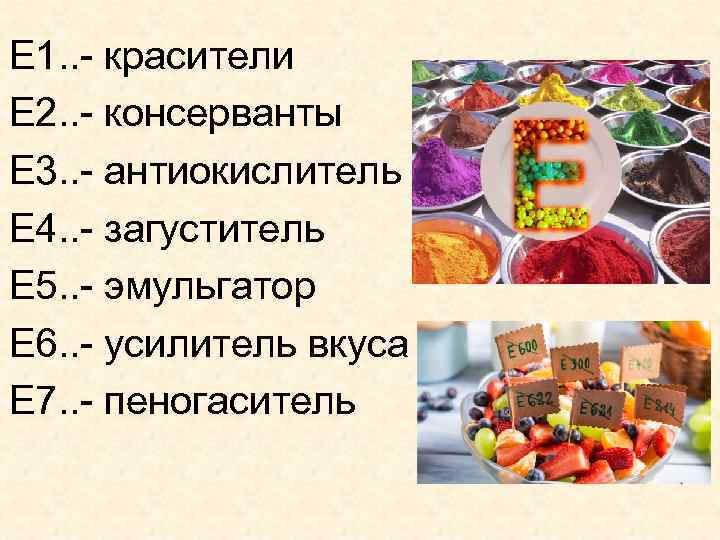 Е 1. . - красители Е 2. . - консерванты Е 3. . -