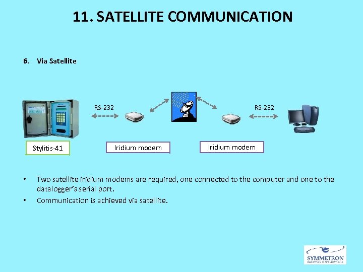 11. SATELLITE COMMUNICATION 6. Via Satellite RS-232 Stylitis-41 • • RS-232 Iridium modem Two