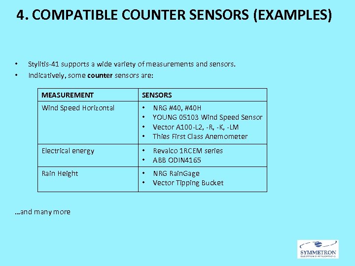 4. COMPATIBLE COUNTER SENSORS (EXAMPLES) • • Stylitis-41 supports a wide variety of measurements