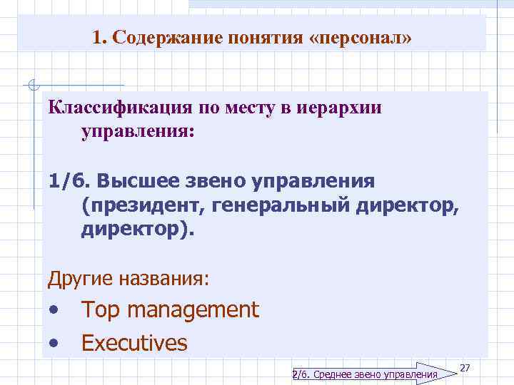 1. Содержание понятия «персонал» Классификация по месту в иерархии управления: 1/6. Высшее звено управления