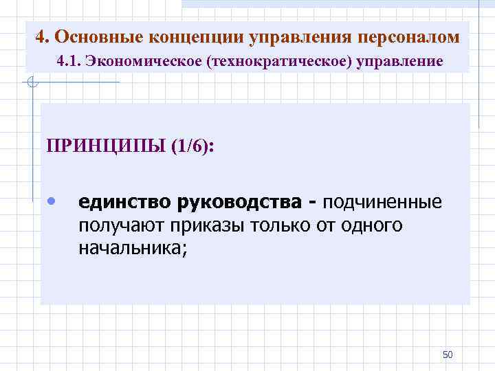 4. Основные концепции управления персоналом 4. 1. Экономическое (технократическое) управление ПРИНЦИПЫ (1/6): • единство