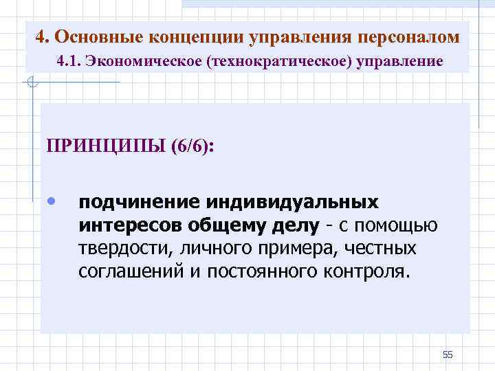 4. Основные концепции управления персоналом 4. 1. Экономическое (технократическое) управление ПРИНЦИПЫ (6/6): • подчинение