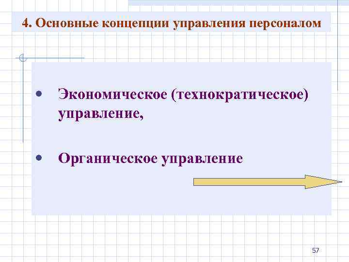 4. Основные концепции управления персоналом • Экономическое (технократическое) управление, • Органическое управление 57 