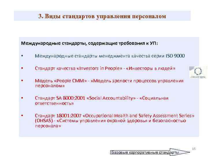 3. Виды стандартов управления персоналом Международные стандарты, содержащие требования к УП: • Международные стандарты