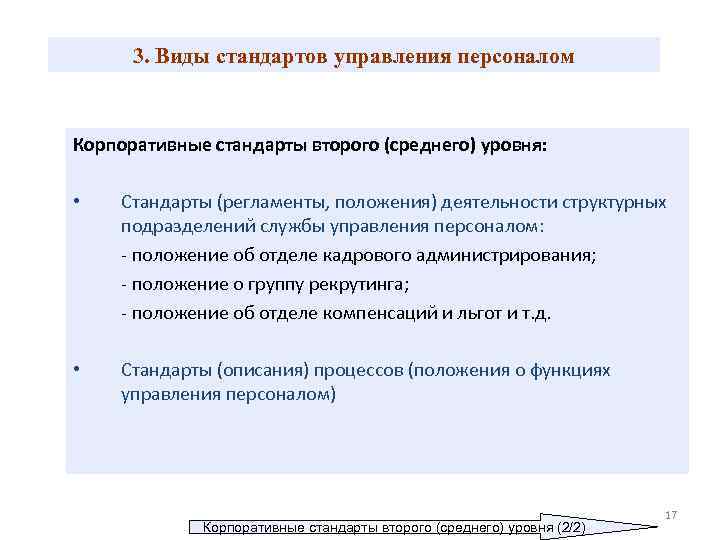 3. Виды стандартов управления персоналом Корпоративные стандарты второго (среднего) уровня: • Стандарты (регламенты, положения)