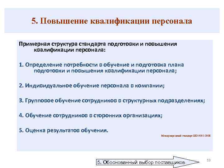 5. Повышение квалификации персонала Примерная структура стандарта подготовки и повышения квалификации персонала: 1. Определение