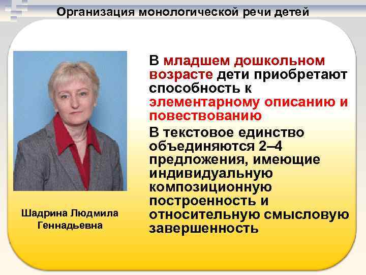 Организация монологической речи детей Шадрина Людмила Геннадьевна В младшем дошкольном возрасте дети приобретают способность