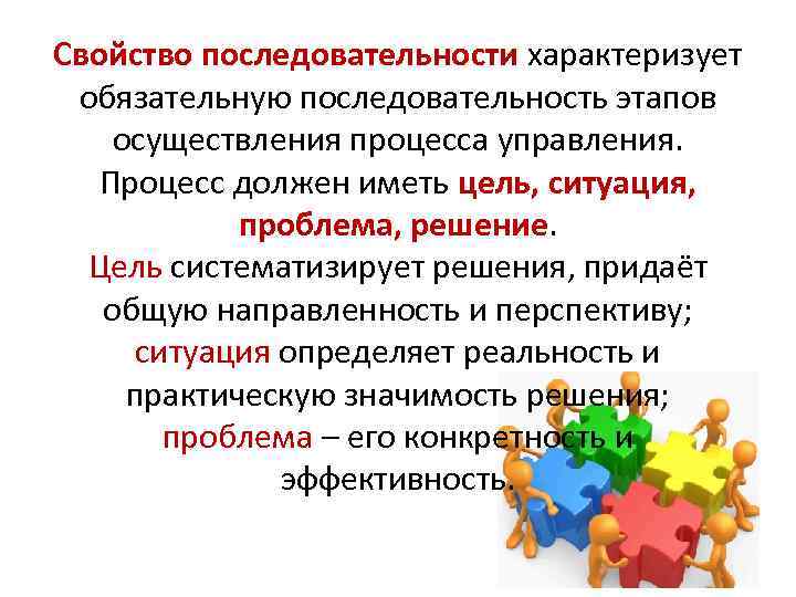 Свойство последовательности характеризует обязательную последовательность этапов осуществления процесса управления. Процесс должен иметь цель, ситуация,