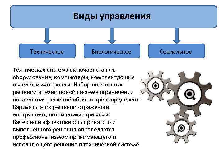 Виды управления Техническое Биологическое Техническая система включает станки, оборудование, компьютеры, комплектующие изделия и материалы.