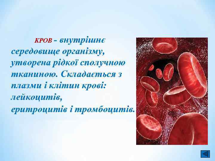 КРОВ - внутрішнє середовище організму, утворена рідкої сполучною тканиною. Складається з плазми і клітин