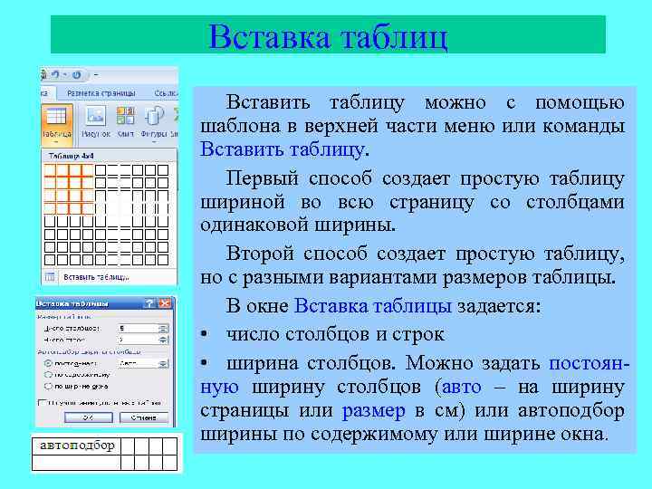 Вставка таблиц Вставить таблицу можно с помощью шаблона в верхней части меню или команды