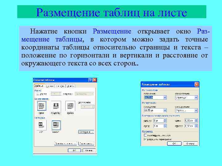 Размещение таблиц на листе Нажатие кнопки Размещение открывает окно Размещение таблицы, в котором можно