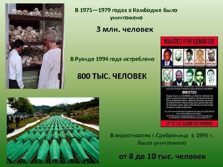 В 1975— 1979 годах в Камбодже было уничтожено 3 млн. человек В Руанде 1994