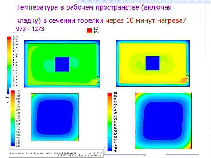 Температура в рабочем пространстве (включая кладку) в сечении горелки через 10 минут нагрева 7