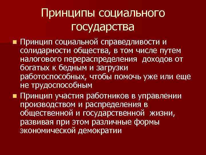 Принципы социального государства Принцип социальной справедливости и солидарности общества, в том числе путем налогового