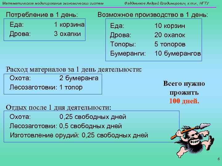 Математическое моделирование экономических систем Потребление в 1 день: Еда: 1 корзина Дрова: 3 охапки