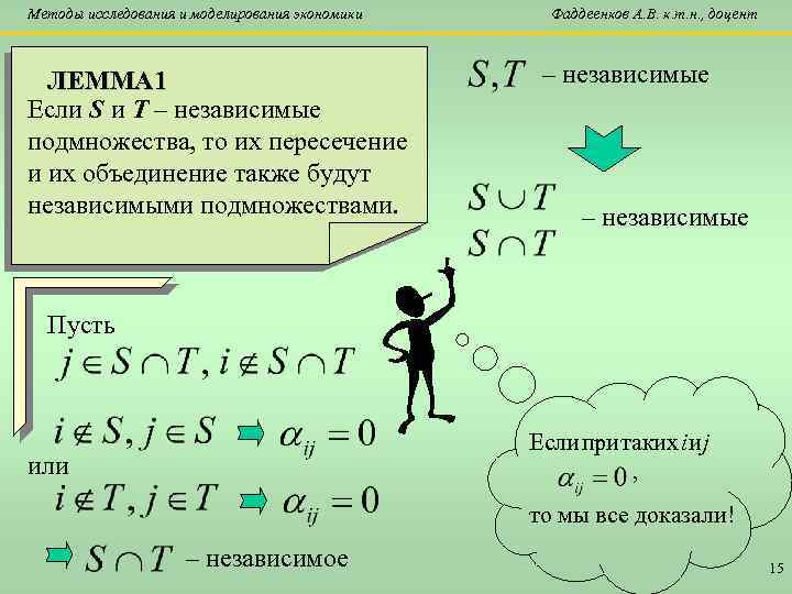 Методы исследования и моделирования экономики ЛЕММА 1 Если S и T – независимые подмножества,