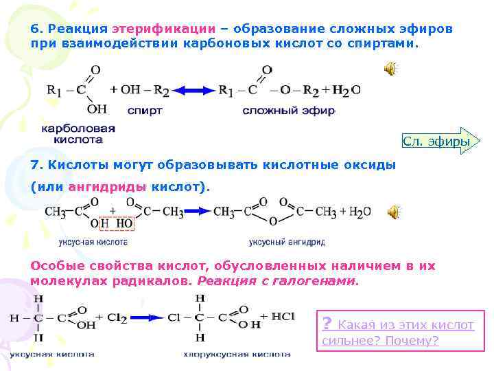 6. Реакция этерификации – образование сложных эфиров при взаимодействии карбоновых кислот со спиртами. Сл.