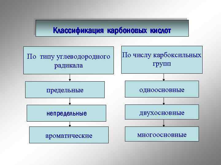 Классификация карбоновых кислот По типу углеводородного радикала По числу карбоксильных групп предельные одноосновные непредельные