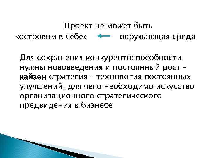 Проект не может быть «островом в себе» окружающая среда Для сохранения конкурентоспособности нужны нововведения