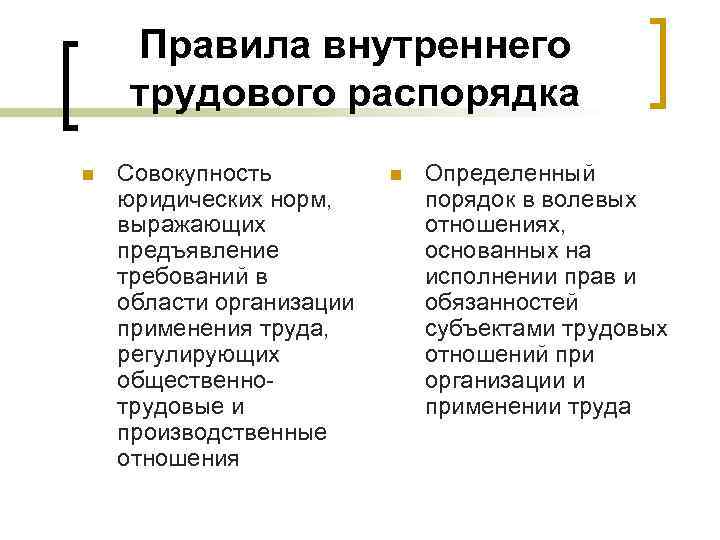 Правила внутреннего трудового распорядка n Совокупность юридических норм, выражающих предъявление требований в области организации