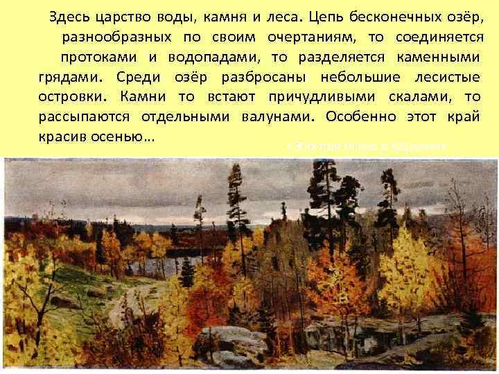 Здесь царство воды, камня и леса. Цепь бесконечных озёр, разнообразных по своим очертаниям, то