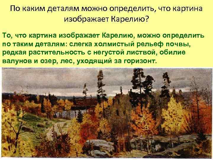 По каким деталям можно определить, что картина изображает Карелию? То, что картина изображает Карелию,