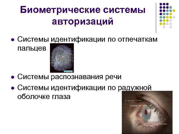 Биометрические системы авторизаций l Системы идентификации по отпечаткам пальцев l Системы распознавания речи Системы