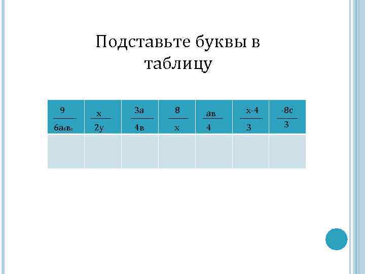 Подставьте буквы в таблицу 9 х 3 а 8 ав х-4 6 а 5