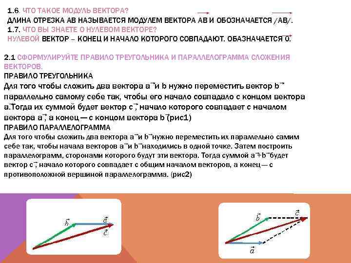 1. 6. ЧТО ТАКОЕ МОДУЛЬ ВЕКТОРА? ДЛИНА ОТРЕЗКА АВ НАЗЫВАЕТСЯ МОДУЛЕМ ВЕКТОРА АВ И