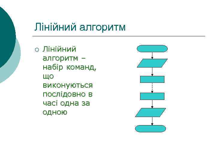 Лінійний алгоритм ¡ Лінійний алгоритм – набір команд, що виконуються послідовно в часі одна