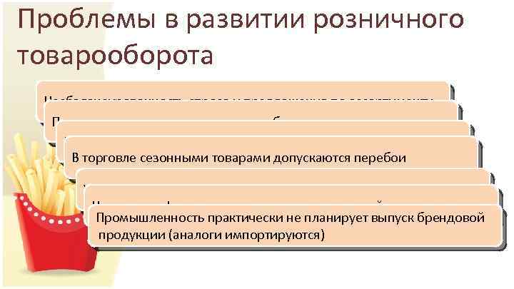 Проблемы в развитии розничного товарооборота Несбалансированность спроса и предложения по ассортименту Просчеты в нормативно-правовом