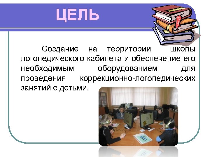 ЦЕЛЬ Cоздание на территории школы логопедического кабинета и обеспечение его необходимым оборудованием для проведения