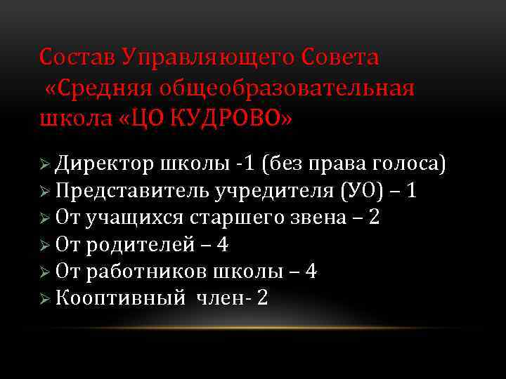 Состав Управляющего Совета «Средняя общеобразовательная школа «ЦО КУДРОВО» Ø Директор школы -1 (без права