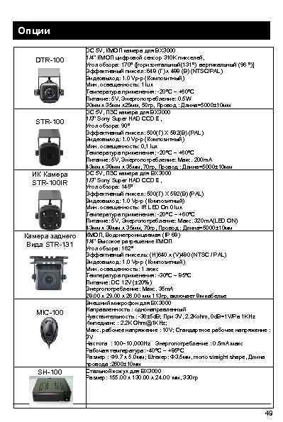 Опции DTR-100 STR-100 ИК Камера STR-100 IR Камера заднего Вида STR-131 MIC-100 SH-100 DC