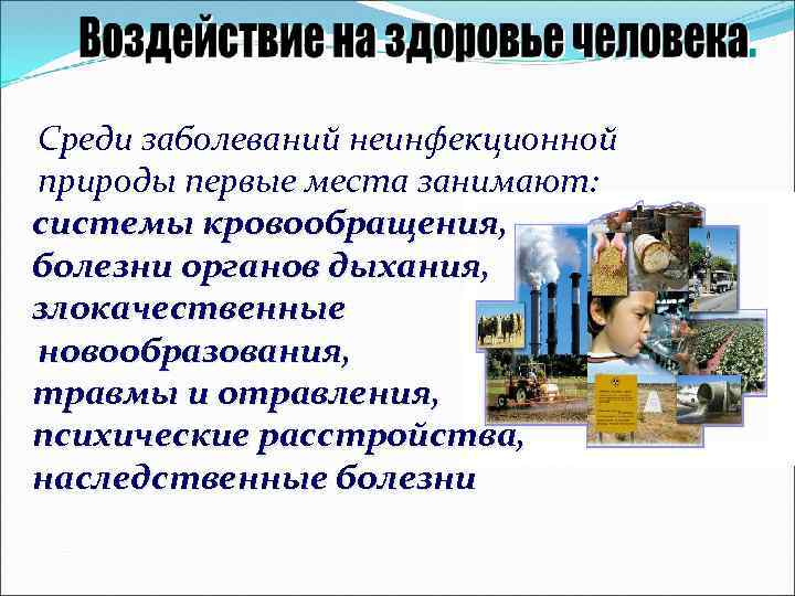 Среди заболеваний неинфекционной природы первые места занимают: системы кровообращения, болезни органов дыхания, злокачественные новообразования,