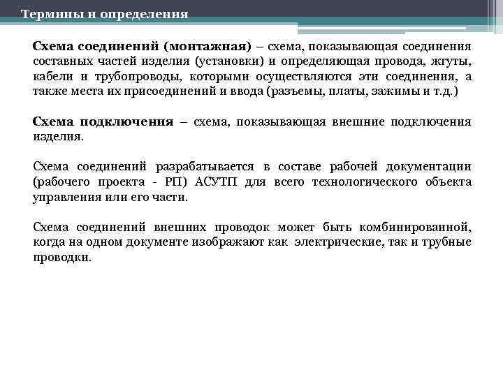 Термины и определения Схема соединений (монтажная) – схема, показывающая соединения составных частей изделия (установки)