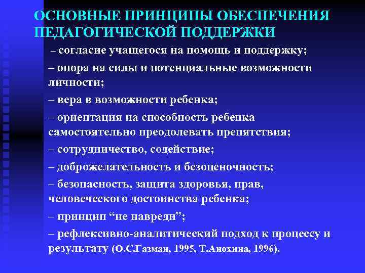 ОСНОВНЫЕ ПРИНЦИПЫ ОБЕСПЕЧЕНИЯ ПЕДАГОГИЧЕСКОЙ ПОДДЕРЖКИ – согласие учащегося на помощь и поддержку; – опора