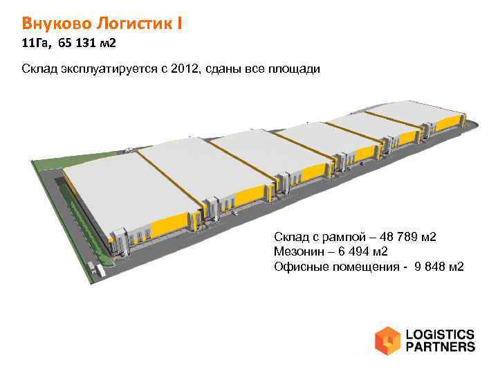 Внуково Логистик I 11 Га, 65 131 м 2 Склад эксплуатируется с 2012, сданы