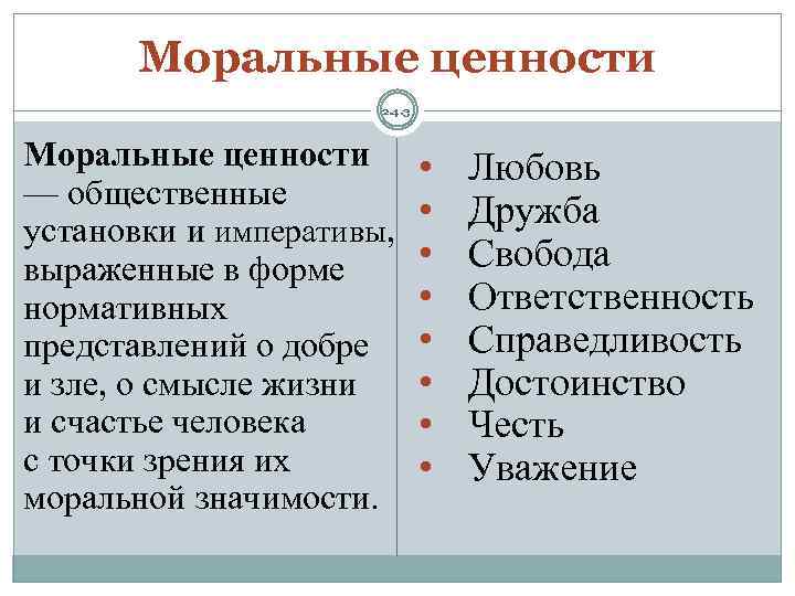 Моральные ценности 2. 4. 3 Моральные ценности — общественные установки и императивы, выраженные в