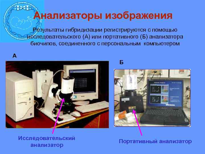 Анализаторы изображения Результаты гибридизации регистрируются с помощью исследовательского (А) или портативного (Б) анализатора биочипов,