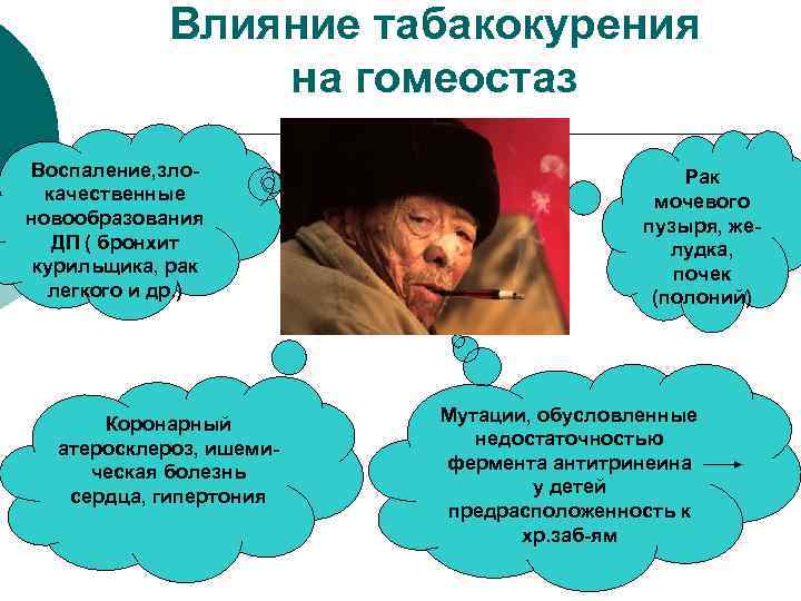 Влияние табакокурения на гомеостаз Воспаление, злокачественные новообразования ДП ( бронхит курильщика, рак легкого и