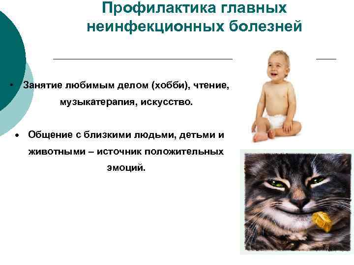 Профилактика главных неинфекционных болезней • Занятие любимым делом (хобби), чтение, музыкатерапия, искусство. Общение с