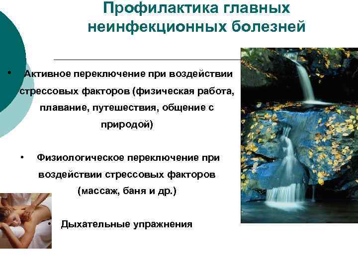 Профилактика главных неинфекционных болезней • Активное переключение при воздействии стрессовых факторов (физическая работа, плавание,