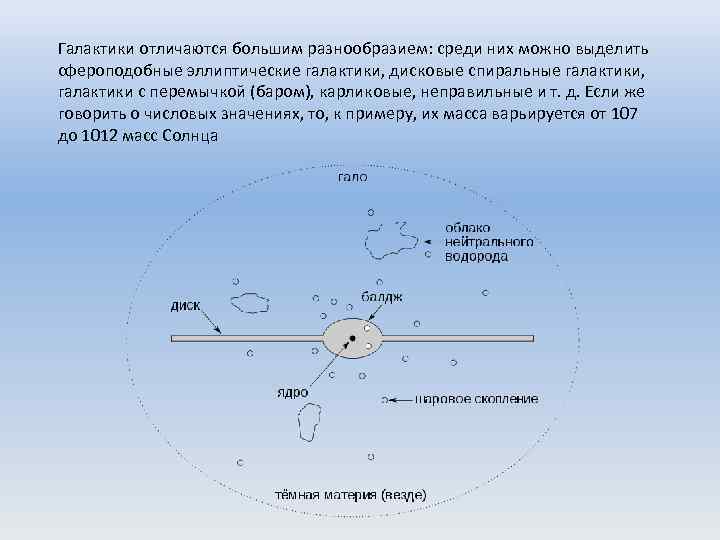 Галактики отличаются большим разнообразием: среди них можно выделить сфероподобные эллиптические галактики, дисковые спиральные галактики,