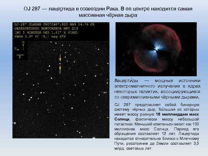 OJ 287 — лацертида в созвездии Рака. В ее центре находится самая массивная чёрная