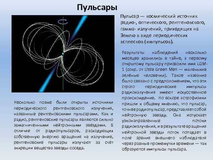 Пульсары Пульсар — космический источник радио-, оптического, рентгеновского, гамма- излучений, приходящих на Землю в