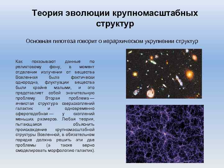 Теория эволюции крупномасштабных структур Основная гипотеза говорит о иерархическом укрупнении структур Как показывают данные